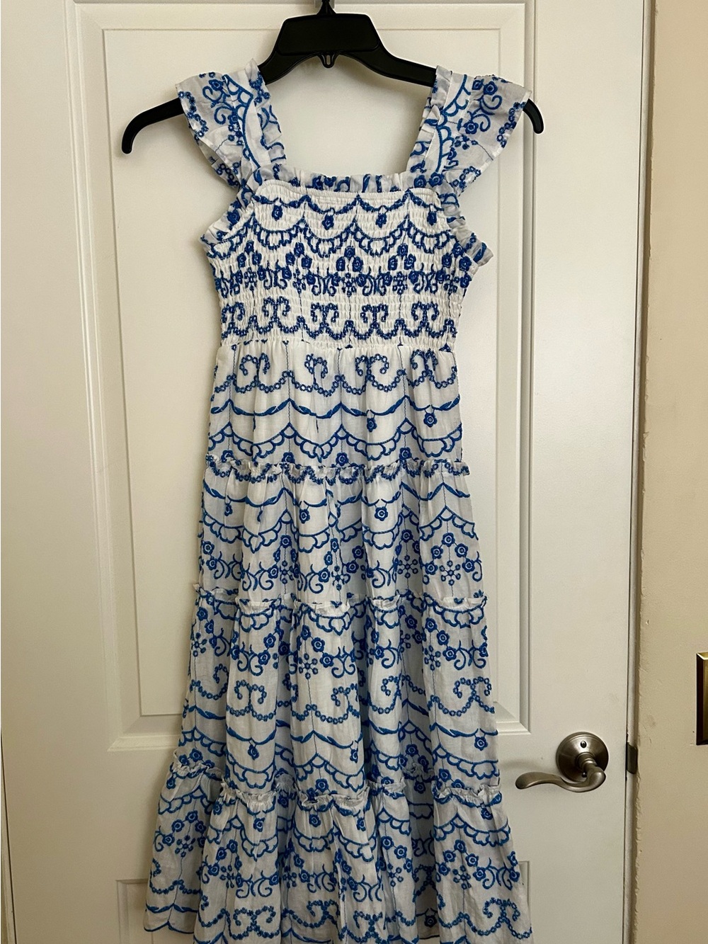 Rare Editions White and Blue Cotton Maxi Dress with Blue Embroidered Print